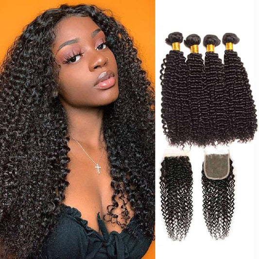 Queen Life hair 10A 4 Bundles With Lace Closure Curly Wave Indian Human Hair