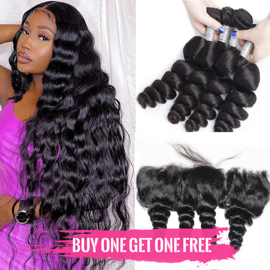 Queen Life hair 9A 3 Bundles with Lace Frontal Loose Wave Brazilian Human Hair