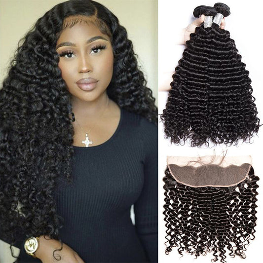 Queen Life hair 9A 3 Bundles With Lace Frontal Curly Wave Brazilian Human Hair