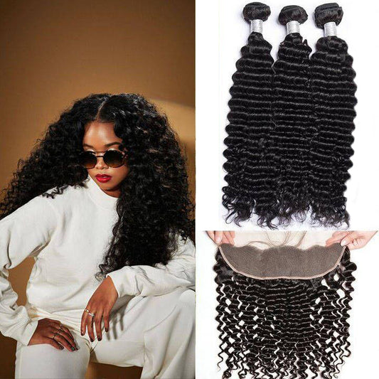 Queen Life hair 10A 3 Bundles With Lace Frontal Curly Wave Human Hair