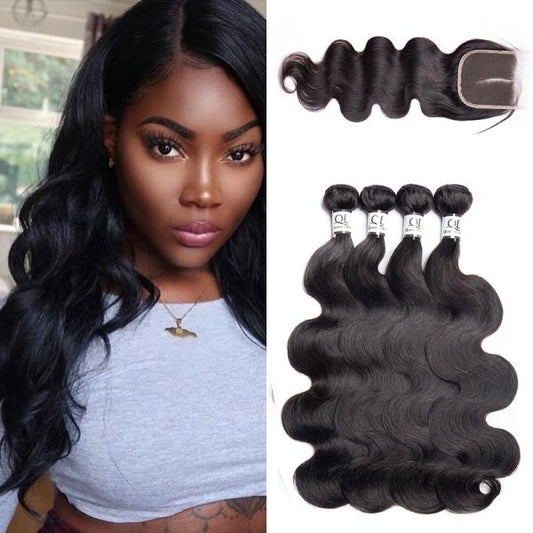 Queen Life hair 8A 4 Bundles With Lace Closure Body Wave Malaysian Human Hair