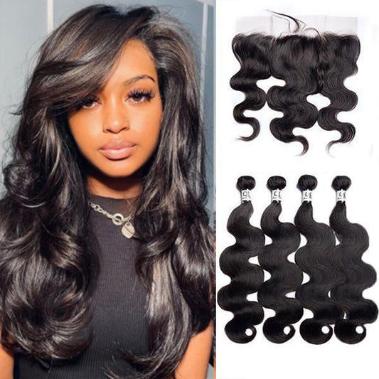 Queen Life hair 8A 4 Bundles with Lace Frontal Body Wave Brazilian Human Hair