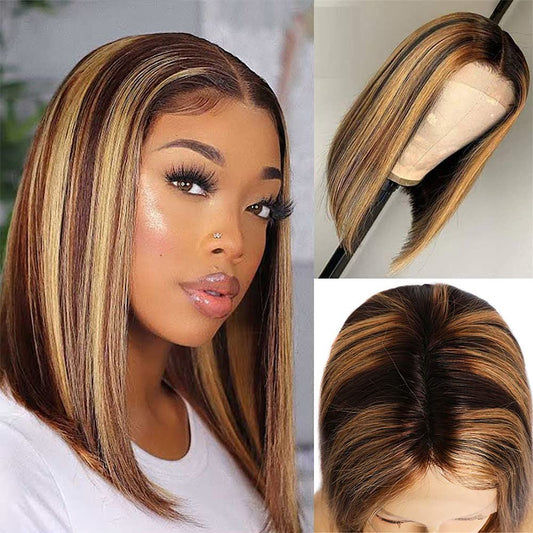 Brown Blonde Highlight 13x4 Front Lace Human Hair Bob Wig 200 Density