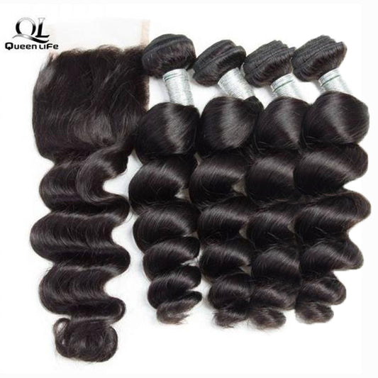 Queen Life hair 10A 4 Bundles With Lace Closure Loose Wave Indian Human Hair