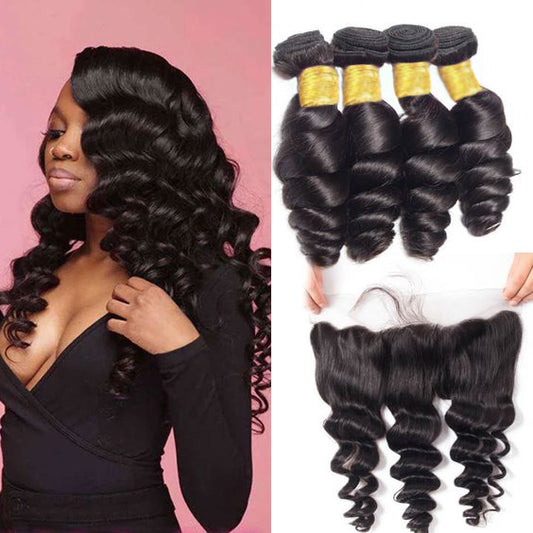 Queen Life hair 10A 4 Bundles with Lace Frontal Loose Wave Brazilian Human Hair