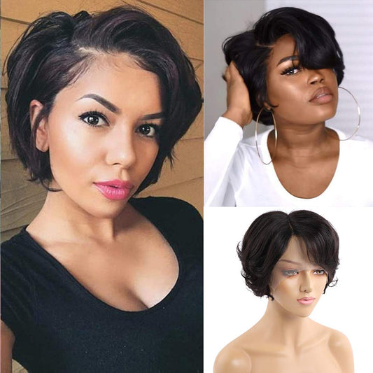 Queen Life hair 13x4x1 Loose Wave Lace Front Pixie Cut Bob Wigs T Part Wig Natural Black