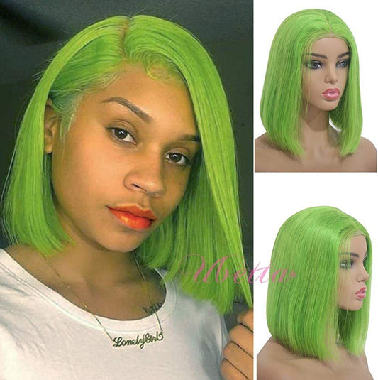Light Green 13x4 Front Lace Human Hair Bob Wig 200 Density