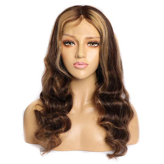 Queen Life Brazilian Body Wave Brown With Strawberry Blonde Highlights Transparent 13x6x1 T Part Human Hair Wig