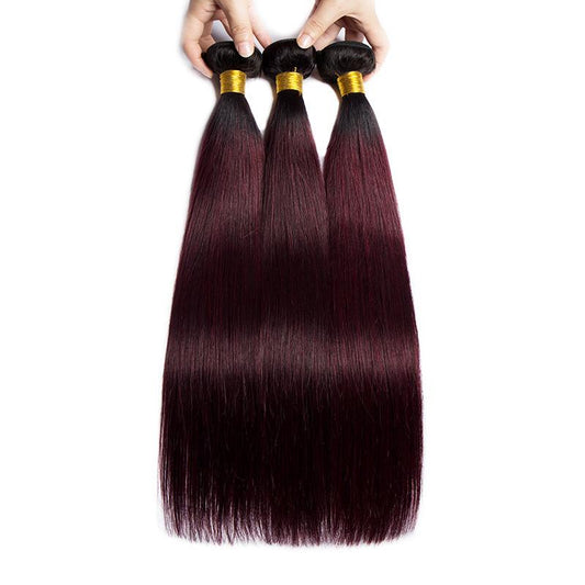 Black Wine Red Ombre Color Straight Human Hair 3 Bundles