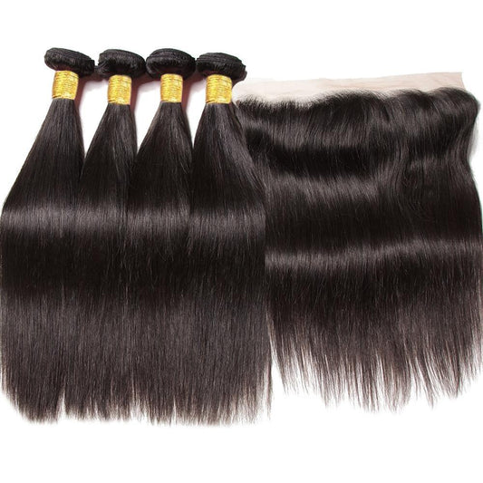 Queen Life hair 10A 4 Bundles with Lace Frontal Straight Brazilian Human Hair
