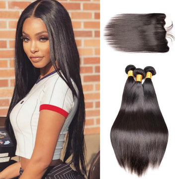 Queen Life hair 10A 3 Bundles with Lace Frontal Straight Brazilian Human Hair