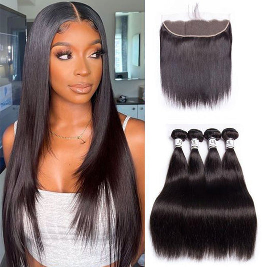 Queen Life hair 8A 4 Bundles with Lace Frontal Straight Brazilian Human Hair