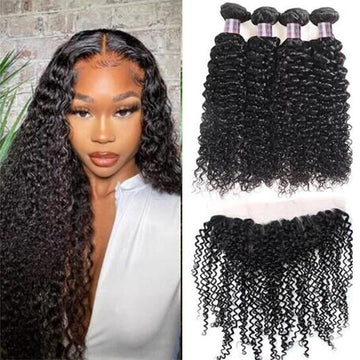 Queen Life hair 9A 4 Bundles With Lace Frontal Curly Wave Brazilian Human Hair