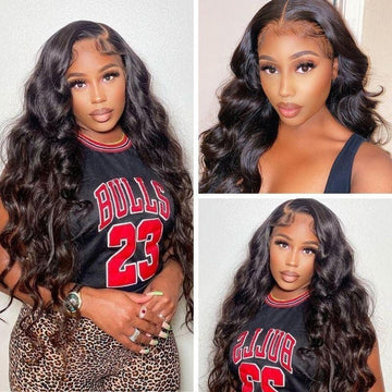 QueenLife 5x5 Transparent Lace Front Body Wave Human Hair Wigs 180% Density Pre Plucked Baby Hair