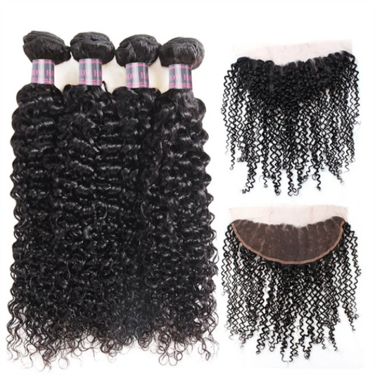 Queen Life hair 9A 4 Bundles With Lace Frontal Curly Wave Brazilian Human Hair