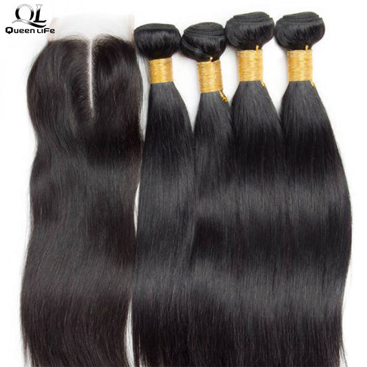 Queen Life hair 9A 4 Bundles With Lace Closure Straight Malaysian Human Hair