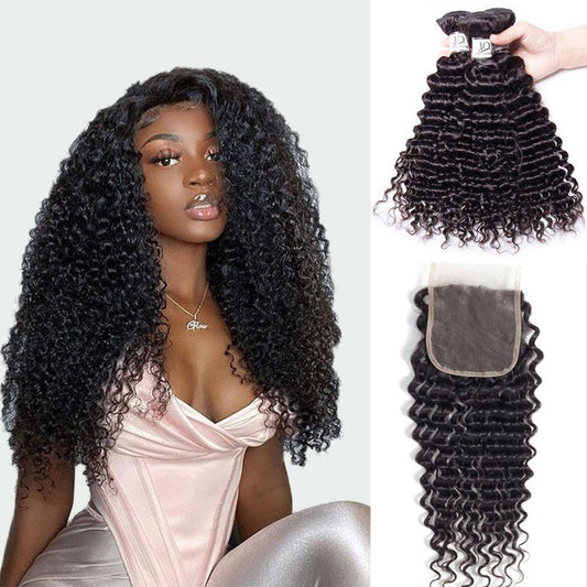 Queen Life hair 10A 3 Bundles With Closure Deep Curly Hair Brazilian Human Hair