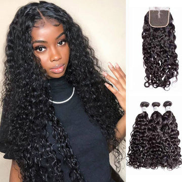 QueenLife Hair 10A 3 Bundles With Closure Water Wave Brazilian Human Hair