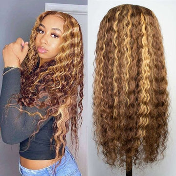 Queen Life hair 13x4 Lace Front Wig Density 180% Highlight Wig Water Wave Omber #4/27 Color Brazilian Human Hair Wigs