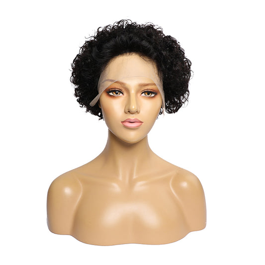 Queen Life hair 13x6x1 Curly Lace Front Pixie Cut Bob WIgs T Part Wig Natural Black 6 inch