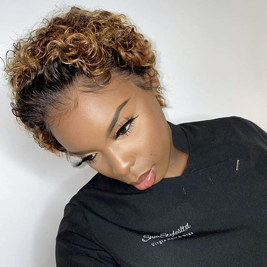 Queen Life hair 4x4x1 Curly 4/27 Highlight Lace Front Pixie Cut Bob WIgs T Part Wig