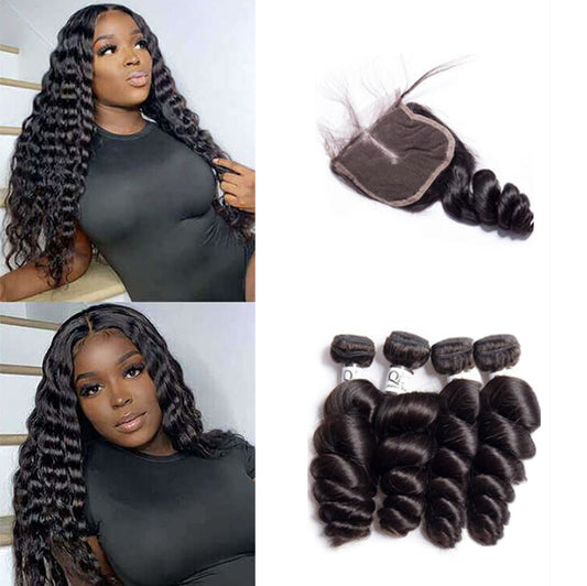 Queen Life hair 8A 4 Bundles With Lace Closure Loose Wave Indian Human Hair