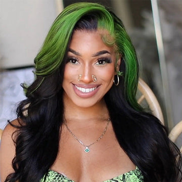 Green Skunk Stripe Body Wave Wig 150/180 Density With 4x4 Human Hair Lace Frontal