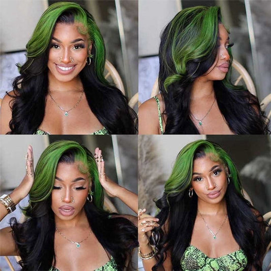 Green Skunk Stripe Body Wave Wig 150/180 Density With 4x4 Human Hair Lace Frontal