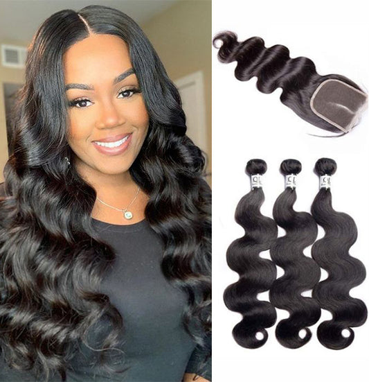 Queen Life hair 3 bundles with lace closure body wave Human hair