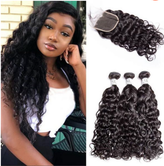 Queen Life hair 8A 3 Bundles With Lace Frontal Water Wave Brazilian Virgin Hair