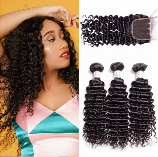 Queen Life hair 9A 3 Bundles With Lace Closure Deep Curly Human Hair