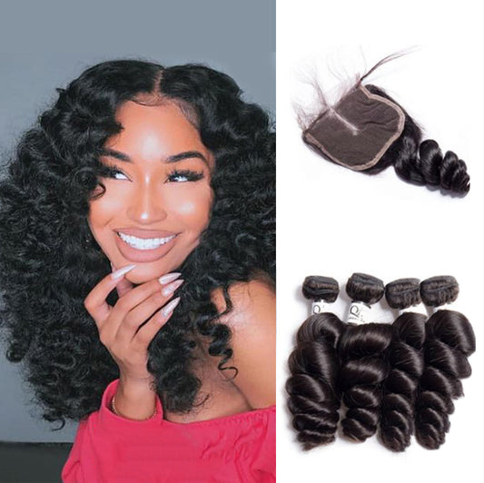 Queen Life hair 9A 4 Bundles With Lace Closure Loose Wave Brazilian Human Hair