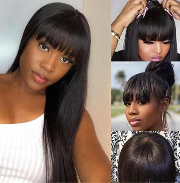 Queen Life hair Machine Made Wig With Bangs Straight Wave Made By Human Hair