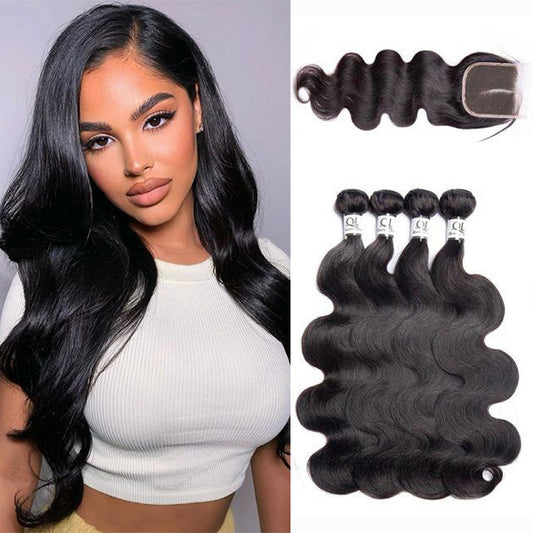Queen Life hair 10A 4 Bundles With Lace Closure Body Wave Indian Human Hair