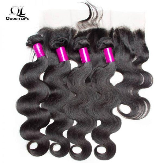 Queen Life hair 8A 4 Bundles with Lace Frontal Body Wave Brazilian Human Hair