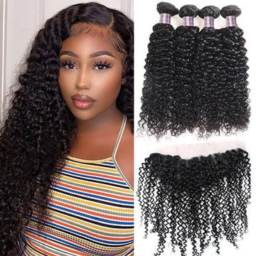 Queen Life hair 8A 4 Bundles with Lace Frontal Curly Wave Brazilian Human Hair