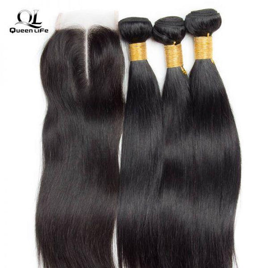 Queen Life hair 9A 3 bundles with lace closure Straight wave Indian human hair