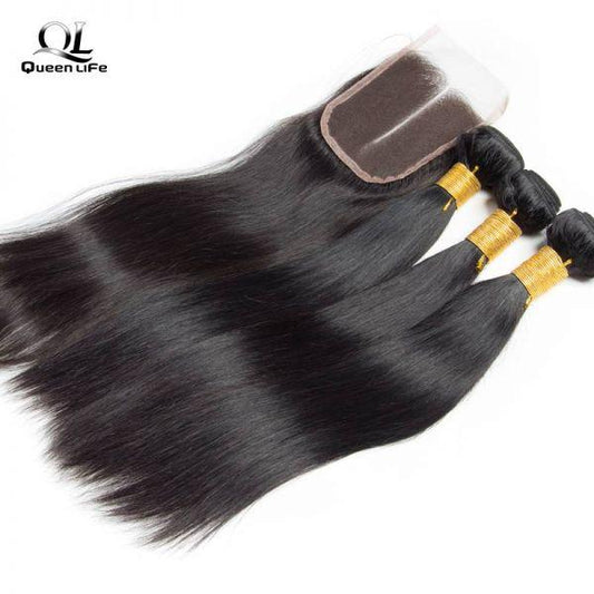 Queen Life hair 10A 3 Bundles with Closure Straight Wave Human hair