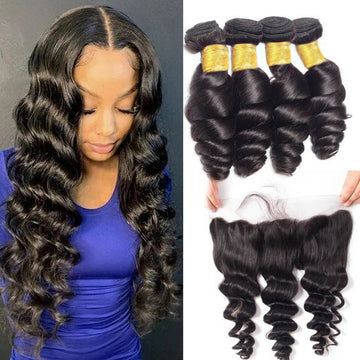 Queen Life hair 8A 4 Bundles with Lace Frontal Loose Wave Brazilian Human Hair