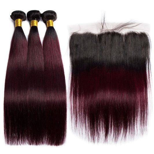Black Wine Red Ombre Color Straight Human Hair 3 Bundles With 13x4 Lace Frontal