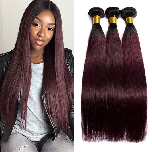 Black Wine Red Ombre Color Straight Human Hair 3 Bundles