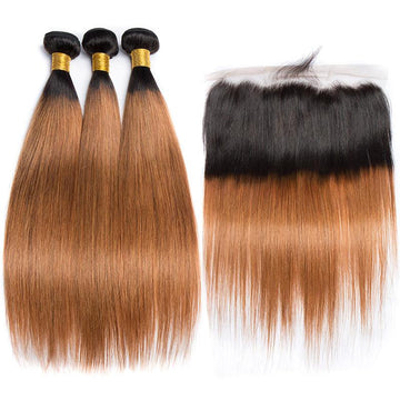 Queen Life Middle Brown Ombre Straight Human Hair Bundles With Frontal 1B/30 Color Brazilian Weave 3pcs With Lace Frontal Closure