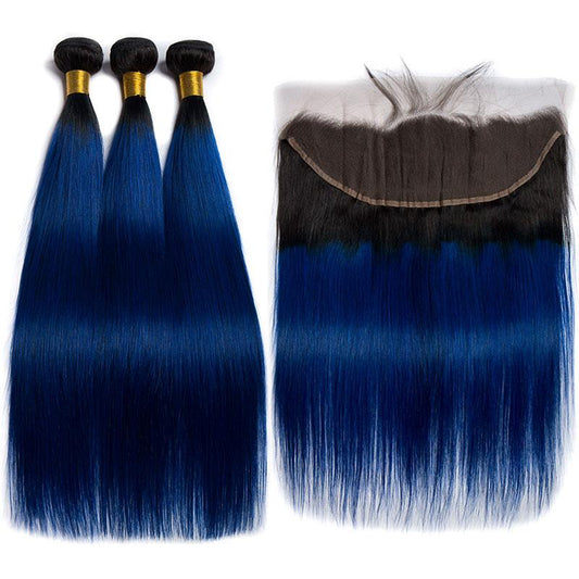 Queen Life1B/Blue Color Ombre Hair Straight Bundles With Frontal Human Hair Brazilian Weave 3pcs With Lace Frontal Closure
