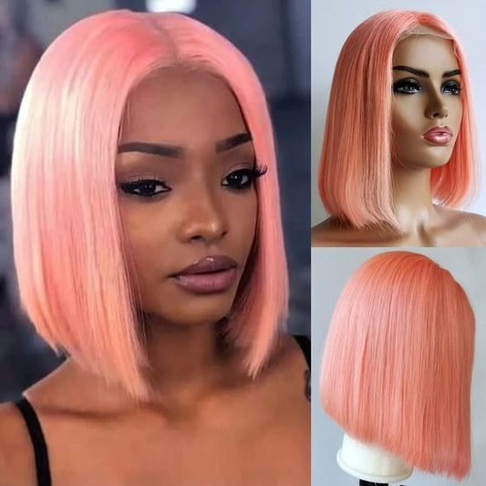 Light Pink 13x4 Front Lace Human Hair Bob Wig 200 Density