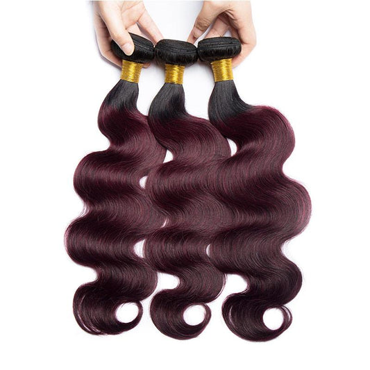 Black Wine Red Ombre Color Body Wave Human Hair 3 Bundles