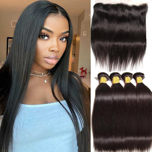 Queen Life hair 10A 4 Bundles with Lace Frontal Straight Brazilian Human Hair
